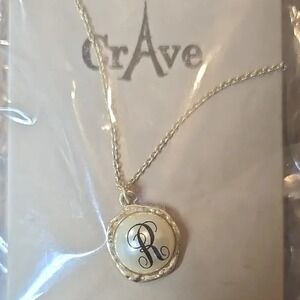 CrAve Initial Necklace "R", Gold tone/Faux Pearl, NEW
